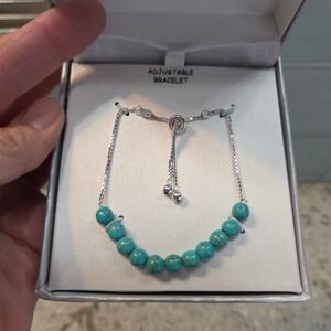 NIB Sterling Silver 925 Turquoise Bead Adjustable Bolo Box Chain Bracelet